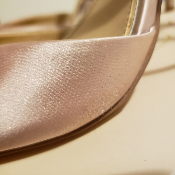 Champagne Satin Rhinestone Ankle Strap Heels - Picture 5 of 9